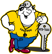 Accurate Lock & Safe locksmith mascot leaning on a key