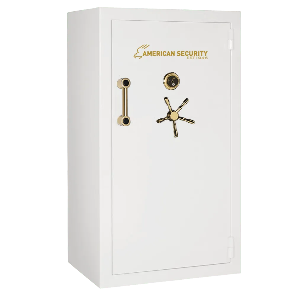 White American Security gun safe with brass combination dial and five-spoke handle