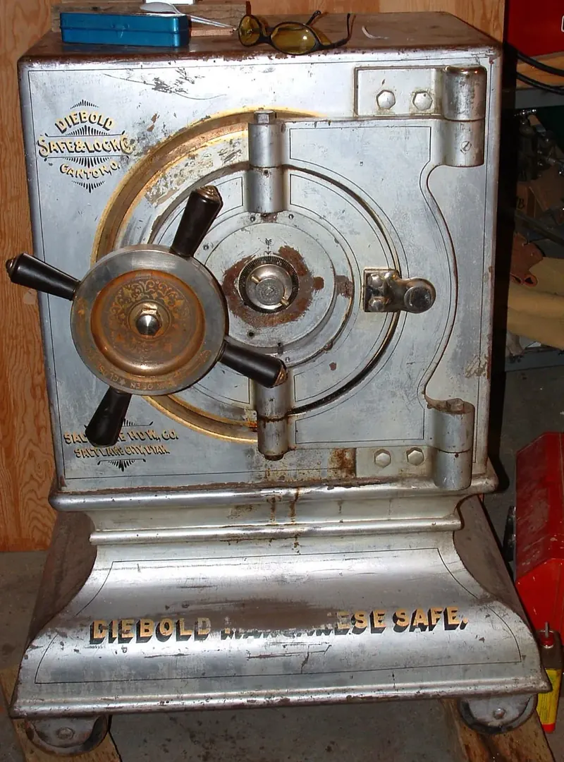 Antique Diebold Manganese safe with spoke handle and combination dial, sold by Salt Lake Hardware Co.