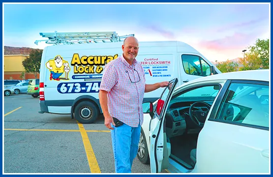 Dru Boren, Certified Master Locksmith and owner of Accurate Lock & Safe, beside his service van in St. George, Utah