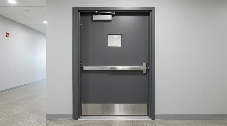 Gray commercial steel door with a panic exit bar, overhead door closer and stainless steel kick plate