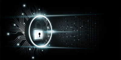 Digital padlock on a glowing circuit board representing commercial security system technology